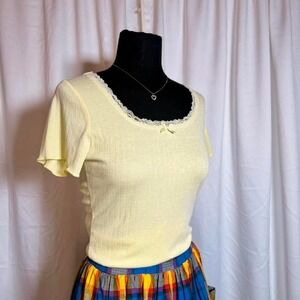 Yellow Lace Trim Ribbed Pointelle Baby Tee Top XS S